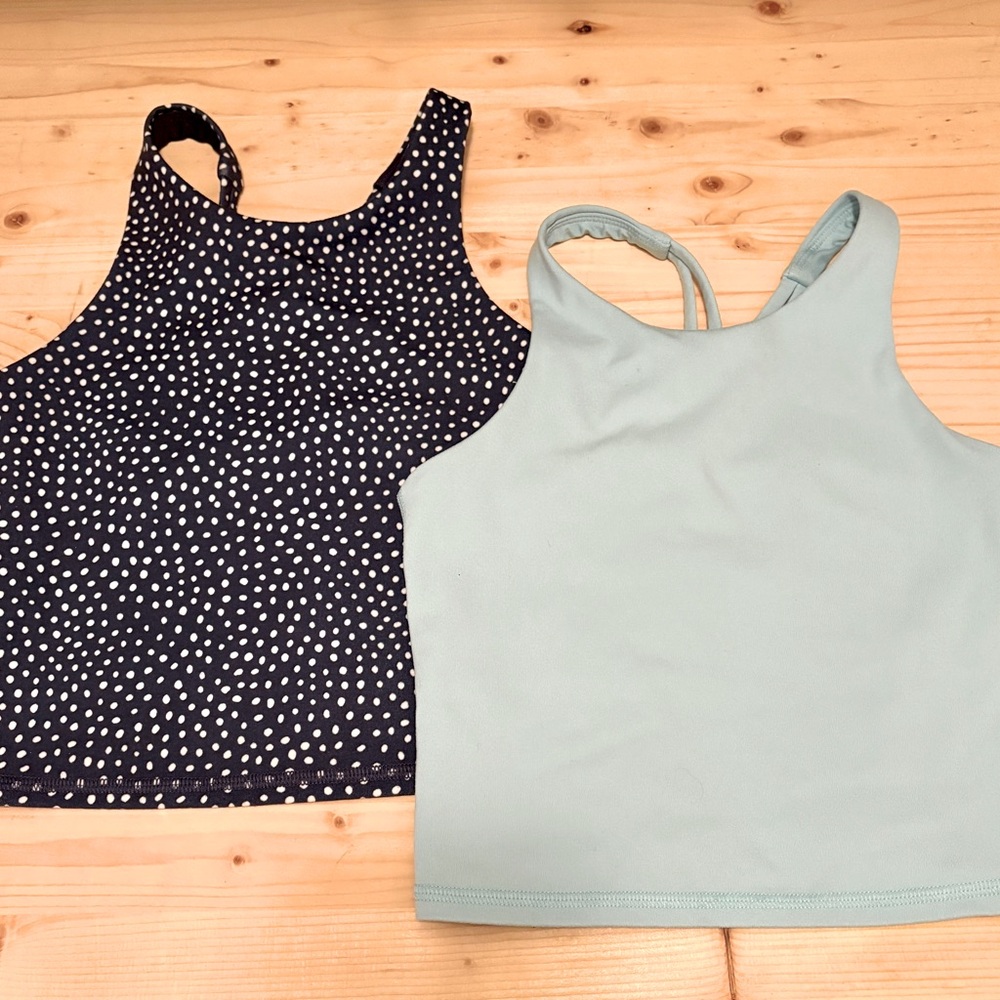 All in Motion Blue Polka Dot and Light Blue Cropped Tank Tops with Shelf Bra